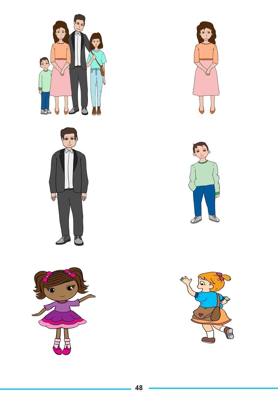 Les membres de la famille : mère, père, sœur et frère, chacun présenté séparément